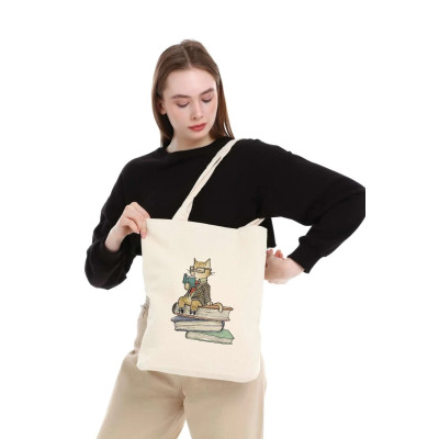 Canvas Tote Bag Reading Cat