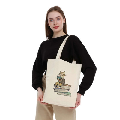 Canvas Tote Bag Reading Cat