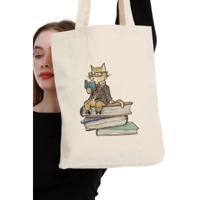 Canvas Tote Bag Reading Cat