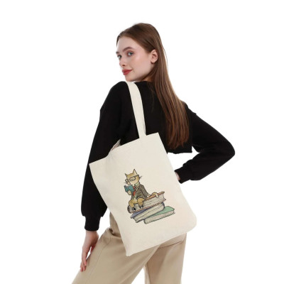 Canvas Tote Bag Reading Cat