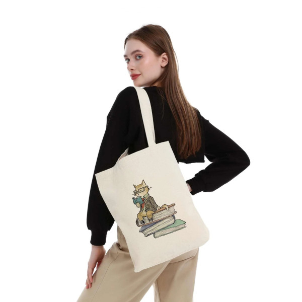Canvas Tote Bag Reading Cat