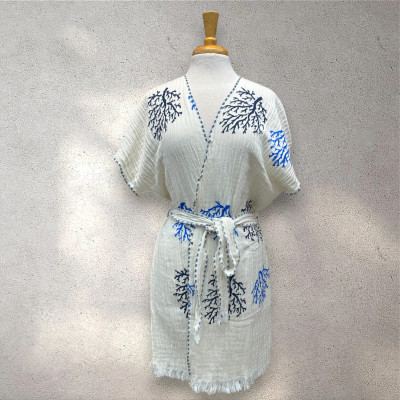 Turkish Cotton Muslin Kimono - Blue Coral Turkish Cotton Muslin Kimono - Blue Coral