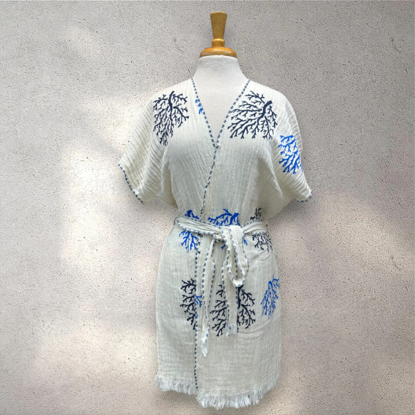 Turkish Cotton Muslin Kimono - Blue Coral