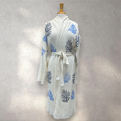 Turkish Cotton Muslin Bathrobe - Blue Coral Turkish Cotton Muslin Bathrobe - Blue Coral