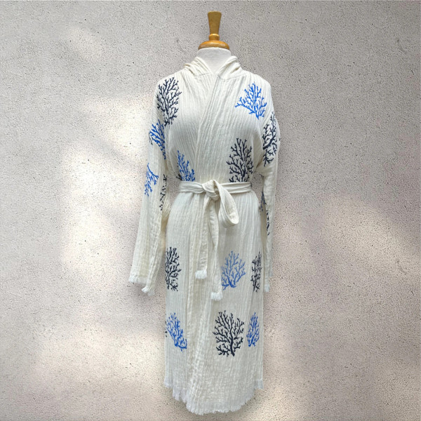 Turkish Cotton Muslin Bathrobe - Blue Coral