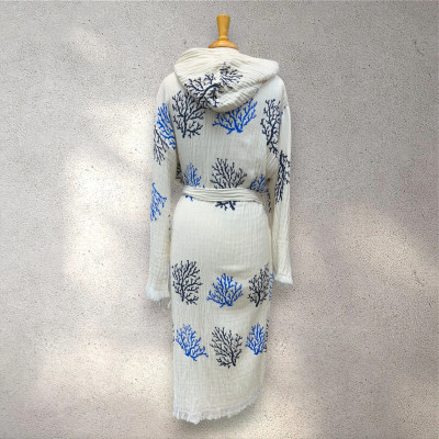 Turkish Cotton Muslin Bathrobe - Blue Coral Turkish Cotton Muslin Bathrobe - Blue Coral