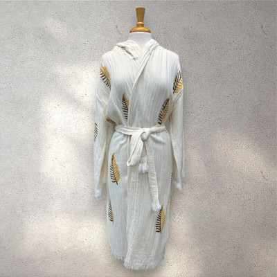 Turkish Cotton Muslin Bathrobe - Yellow Leaf Turkish Cotton Muslin Bathrobe - Yellow Leaf